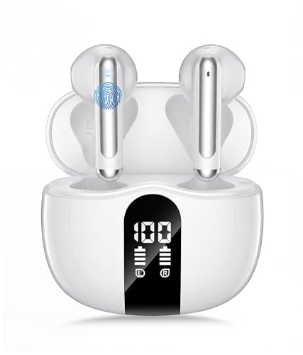 Image of Wireless Earbuds, 2026 Bluetooth 5.4 Headphones Bass Stereo Ear Buds with Noise Cancelling Mic, LED Display in Ear Earphones 50H Playtime Ear Buds, IP7 Waterproof for Laptop Pad Phones Bright White