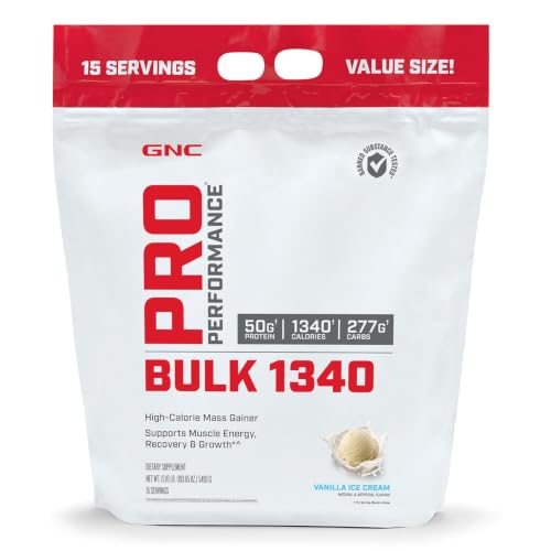 GNC Pro Performance Bulk 1340 Mass Gainer Protein Powder, 50g, Gluten Free, Whey, Creatine, BCAA, 3rd Party Tested, Muscle Recovery & Growth, Micronutrients, Vanilla Ice Cream, 15 Servings