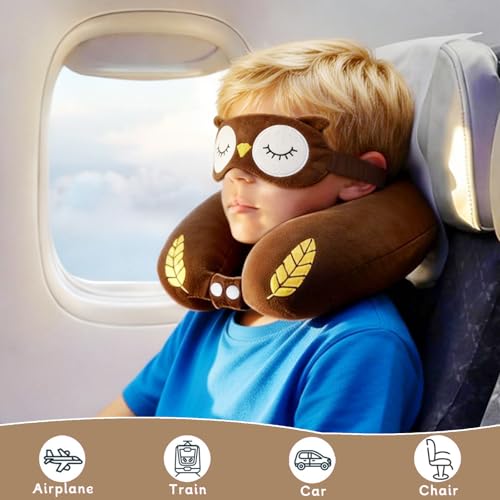 Image of Travel Pillow, Kids Travel Pillow with Sleep Eye Mask Soft Memory Foam Kids Neck Pillow for Boys & Girls, Travel Accessories for Car Airplane Traveling - Owl