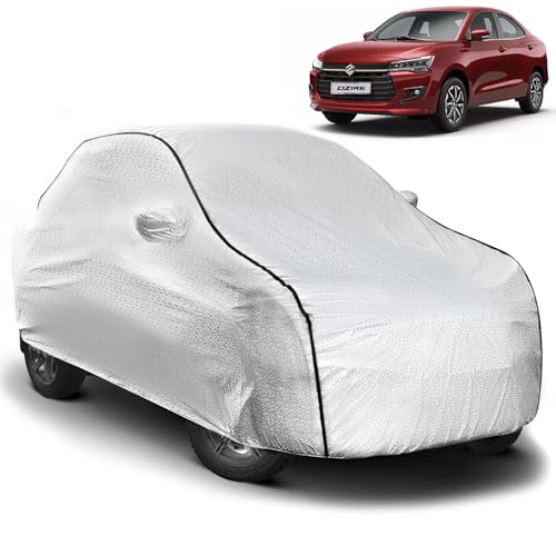 Image of Pivalo Car Cover for Swift Dzire All Model & Years (2008-2024) 100% Waterproof with Mirror & Antenna Pockets Triple Stitched Bottom Elastic Dustproof Full Body Protection (Heat & UV Resistant, Silver)