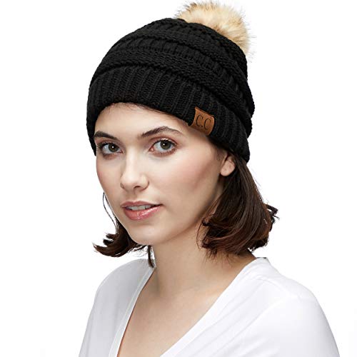 Image of CC Fur Pom Winter Fall Chunky Stretchy Cable Knit Beanie Hat
