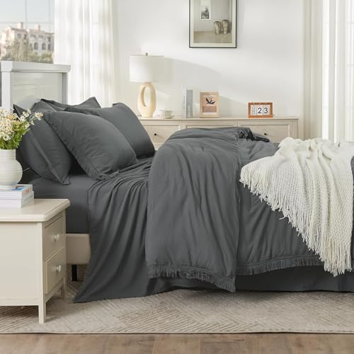 Image of Andency Oversized King Comforter Set Dark Grey 120x98-7 Pieces Boho Tassel Bed in a Bag Soft Lightweight Bedding Sets, Fringe All Season Bed Set with Comforter, Sheets, Pillowcases & Shams