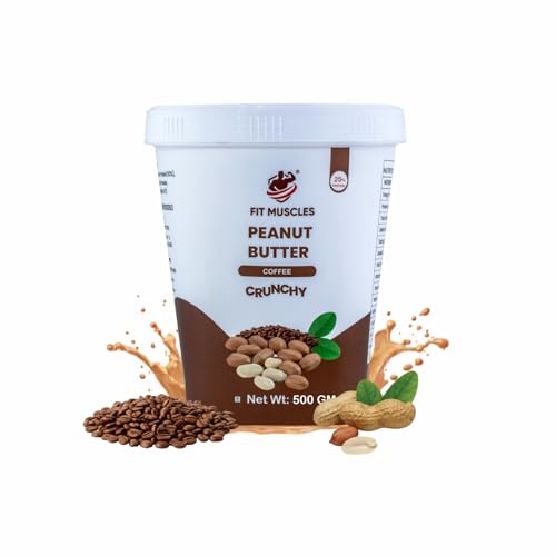 Image of Fit Muscles Coffee Crunchy Peanut Butter 500g, 25g Protein, Crunchy Peanut Spread, Rich Coffee Flavour, Natural Peanut Butter, No Palm Oil, No Artificial Flavour, Healthy Breakfast Gym Diet Food