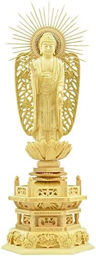 福和屋 仏像【浄土真宗西本願寺派】木製仏像 阿弥陀如来立像 柘植材 六角台座 西型唐草光背 金泥付き 3.0寸 本尊 木彫り