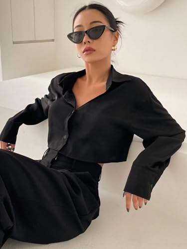 Image of Aahwan Women Polyester Regular Fit White Solid Button Up Drop Shoulder Casual Crop Long Sleeve Shirt