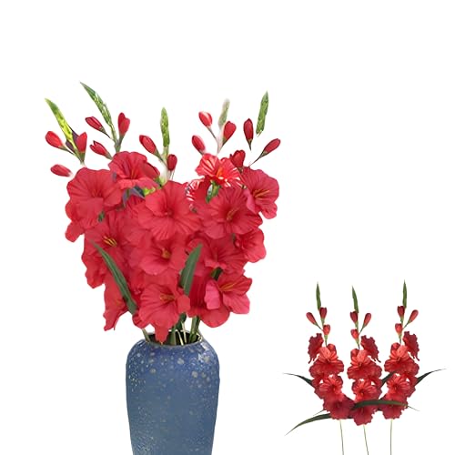 3 Tiges de Fleurs Artificielles Glaïeul Rouge (80 cm) avec Feuilles et Bourgeons – Décoration Mariage, Maison,Vase, DIY