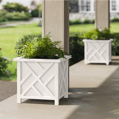 Lattice Design Outdoor Planter Box 2-Pack - 15.5 Square 16.5 Tall White Decorative Plant Pots for Front Porch Decor - Flower Pots Outdoor Planters for Porch Patio or Garden Decor by Pure Garden