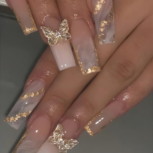ROFIBUT Gold Glitter Press on Nails Long Square Fake Nails Glossy Ombre Acrylic False Nails with 3D Butterfly Designs Bling Gold Glitter Coffin Glue on Nails Reusable Stick on Nails for Women 24Pcs