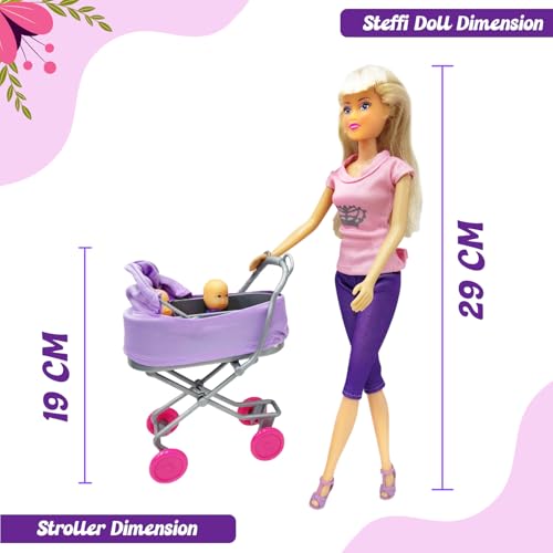 Image of Steffi Love Sunshine Twins| Pretend Play Set with Baby Stroll and Adorable Twin Babies| Unique16+Baby Accessories| Adorable Role Play Set for Girls Age 3+ (Stylish Steffi in Pink & Purple)