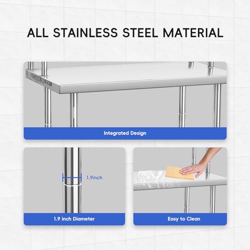 Image of Garvee 36 inchx24 inch NSF Stainless Steel Prep Table Overshelf & Hooks | Commercial Kitchen Island for Restaurant, Home & Hotel, Heavy-Duty Workbench with Rust-Resistant Coating