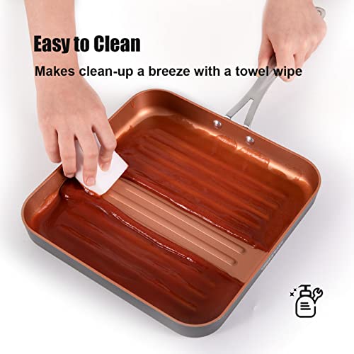 Love Pan 10 Inch Copper Grill Pan For Stove Tops-Non-Stick Oven Suitable Griddle Pan-Deep Square Frying Pan With Stay-Cool Stainless Steel Handle #TOP1