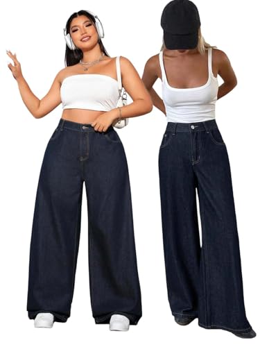 Image of KOTTY Women's High Waist Wide Leg Button Coin Pocket Straight Fit Jeans Stylish Regular to Plus Size Fit Denim Jeans for Women