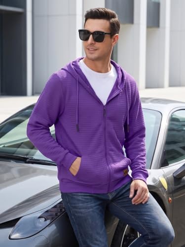 Satankud Men's Jacquard PlaidCloth Zipper Hoodie Sweatshirt Purple — view 3