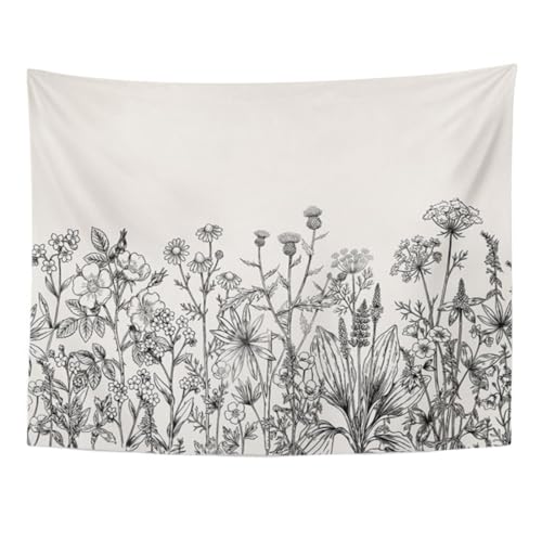 Emvency Tapestry Floral Border Herbs and Wild Flowers Botanical Engraving Style Black and White Home Decor Wall Hanging 60" x 80" Inches Print for Living Room Bedroom Dorm