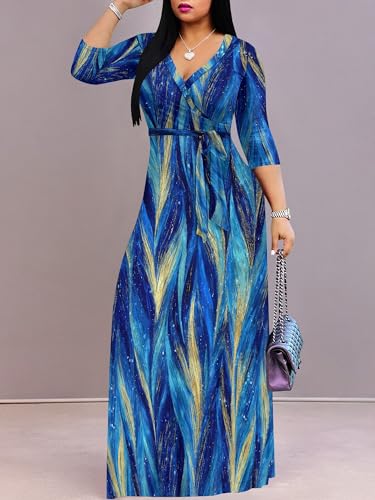 Image of PinkPatty Plus Size Dresses for Curvy Women V Neck Flowy Long Sleeves Wrap Maxi Dress Travel Vacation Outfits