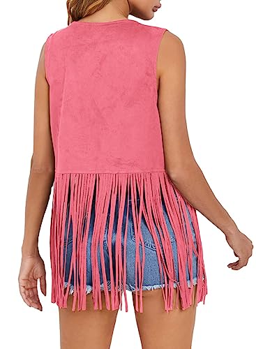 Dokotoo Womens Tassel Sleeveless Vest 70S Outfits For Women Hippie Western Cowgirl Shirt Blouses Faux Suede Fringe Jacket Cardigan Casual Comfy Fall Fashion 2024 Outfits Clothes Pink Medium thumb #1