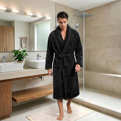 Image of Inner Wish Mens Plush Fleece Robe, Highly Absorbent Cozy Warm Bathrobe Fuzzy Male Spa Long Robe With Pockets