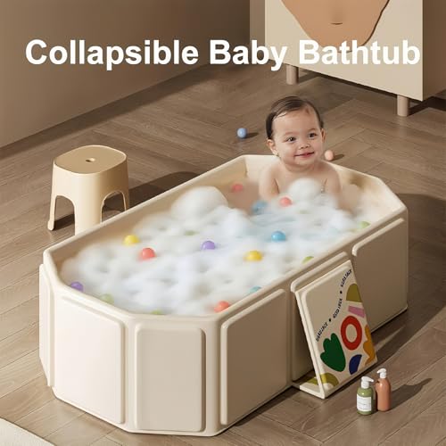 Faltbare Badewanne für Kinder - Tragbare Badewanne Platzsparende Klappbar Babywanne Große Kleinkindbadewanne mit Ablassventil Tragbares Duschbecken Faltbares Planschbecken für Dusche oder Garten Beige