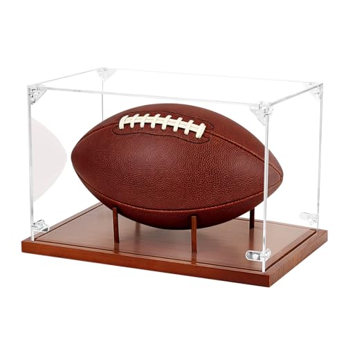 Image of Clear Acrylic Football Display Case with Wood Base & Tee, Memorabilia Stand Cube Holder, Dust Protection Transparent Storage Box for Single Ball Souvenir Football Collections