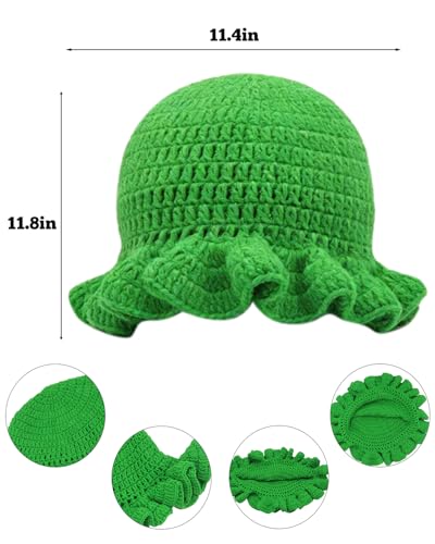 Image of Women Crochet Bucket Hat Cute Winter Ruffled Brim Floppy Cap Handmade Knit Cloche Hats