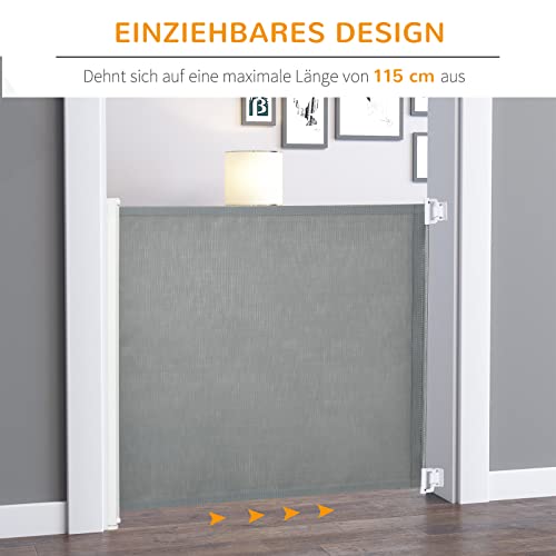 PawHut Hunde Türschutzgitter Treppenschutzgitter Treppenschutz Sicherheitstrennwand Trennwand Türschutz Treppenschutzgitter ausziehbar treppenschutzrollo Rollo Einrollbar PVC Grau 115 x 82,5 cm