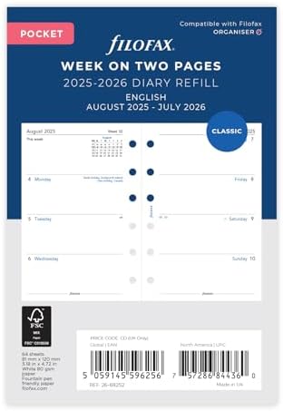 Filofax Terminplaner Personal 26-68452 - Wochenansicht August 2025 Bis Juli 2026