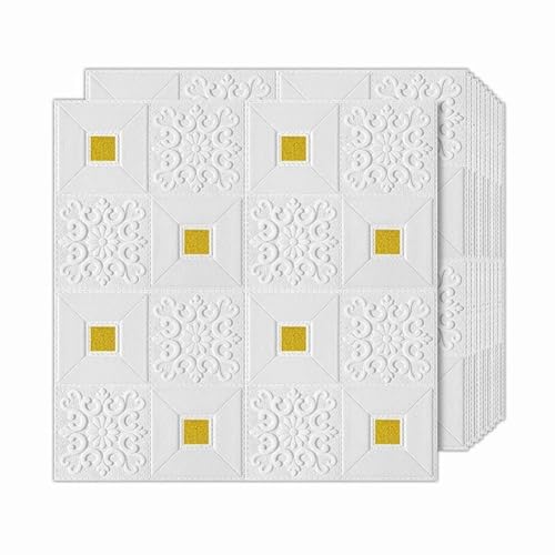 Image of VEXIO 3D Brick Wallpaper PE Foam Self Adhesive Wall Stickers | Waterproof, Anti-Collision DIY Peel & Stick Wall Panels for Home, Bedroom, Living Room & Office Decor (White & Gold)