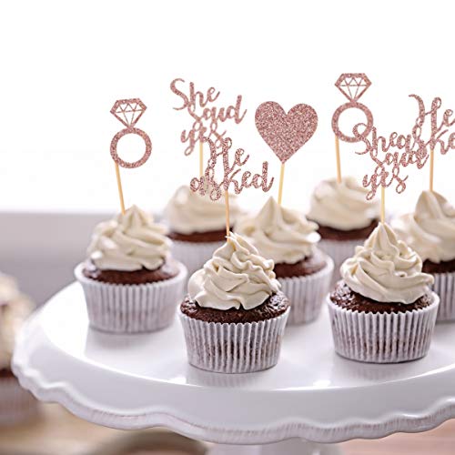 Donoter 48 Pcs Rose Gold He Asked She Said Yes Cupcake Toppers Diamond Ring Heart Cake Picks For Wedding Engagement Party Cake Decorations #TOP2