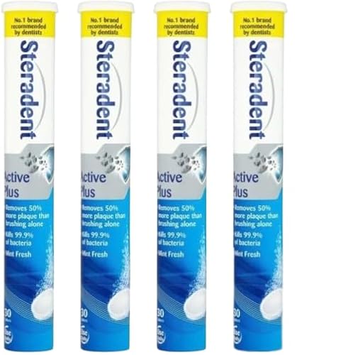 4 Packs of Active Plus Denture Cleaning Tablets, Fast-Acting Formula, Removes Tartar, Stains, Bad Odours, Fresh Dental Appliances Every Day, Refreshing Minty Scent