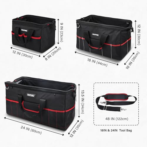 Image of HAUTMEC 3-Piece Large Tool Bag Set (12 inch / 18 inch / 24 inch), Heavy-Duty 1680D Wide Mouth Tool Bag with Metal Frame, Foldable Tool Tote Bag with Non-Slip Base, Double Zippers & Padded Shoulder Strap - HT0297