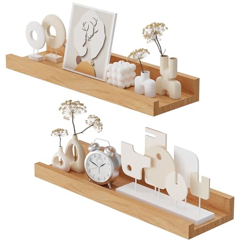 YheenLf Lot de 2 Étagères Murales, 40 x 12 cm Etagères Flottantes Form de U Tablette Murale en Bois de Chêne Massif, pour Salon, Salle de Bain, Cuisine, Naturel