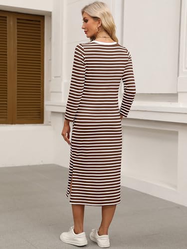 Image of ANRABESS Womens 3 /4 Sleeve Midi T Shirt Fall Dresses | Striped Solid Floral,Long Sleeve Slit Crew Neck &Chest Pocket,2026 Fall Outfits,Casual Travel Vacation Clothes,Summer Spring