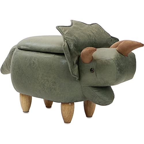 Image of CRITTER SITTERS 15-in. Seat Height Green Triceratops Dinosaur Animal Shape Storage Ottoman, Kids Furniture for Nursery, Bedroom, Playroom, and Living Room Decor, Multifunctional Cushioned Step Stool