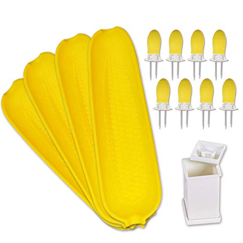 Recoil Corn Cob Holders Skewers BBQ Twin Prong Holders Corn Dishes and Butter Spreader Set Kits Includes 8 Corn Cob Holders 4 Corn Dishes and Butter Spreader