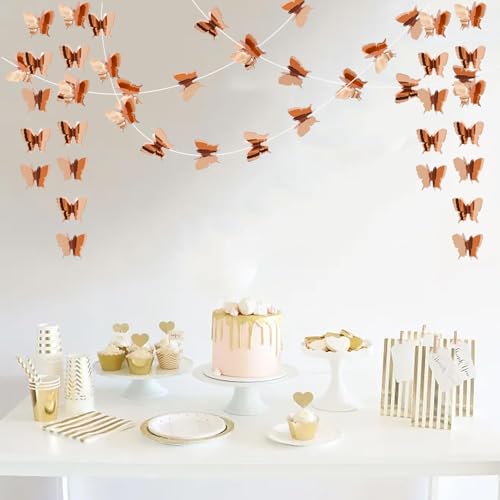Image of BEISHIDA 5 Pieces Rose Gold 3D Butterfly Paper Garland Hanging Decorative Banner for Home Ceiling Decor Birthday Party Baby Shower Wedding Theme Showcase Decoration Supplies Total 393 Inch Length