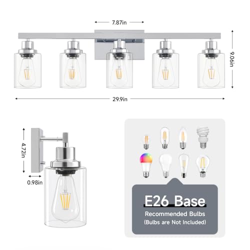 Image of DIKADIA 5-Light Chrome Bathroom Vanity Light Over Mirror 30 inch Bathroom Light | Polished Chrome,Modern Vanity Lighting Fixture,Farmhouse Wall Sconces with Clear Glass Shade,Wall Light Over Mirror Sink