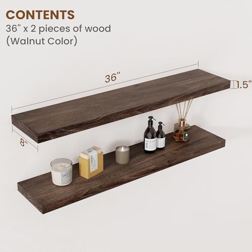 Image of Floating Shelves for Wall Decor, 8 Inch Deep Rustic Solid Elm Wood Floating Shelves Wall Mounted, Wall Shelves with Invisible Bracket for Living Room Bathroom Bedroom Kitchen, 36 Inch Set of 2, Walnut