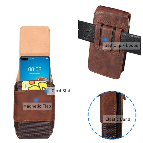 Leather Phone Holster for iPhone 15/14/13/12 Pro Max,for Galaxy S24/S23/S22/S21/S20 Ultra Belt Clip Carry Case[Magnetic][Card Holder],Brown