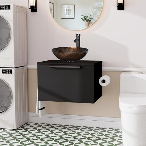 ZealWe Badmöbel-Set Waschtisch mit Unterschrank 60cm, Waschbeckenunterschrank mit Waschbecken, Badezimmermöbel Matt Schwarz Badezimmerschrank Hängend, 2-teilig, für kleine Bäder Gäste WC, Braun