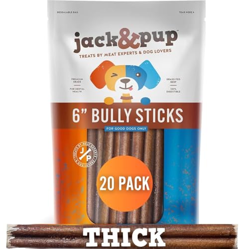 Jack&Pup 6-inch Bully Sticks for Large Dogs (20 Pack) All Natural Thick Bully Sticks for Dogs, Single Ingredient Long Lasting Pizzle Sticks