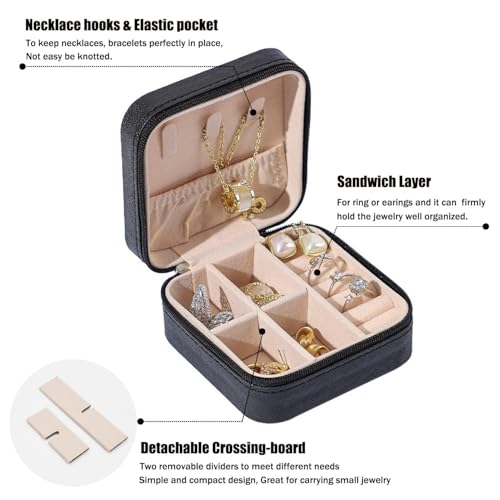 Image of Mini Jewellery Travel Case, PU Leather Organizer Box, Small Portable Jewellery Storage Holder for Womens Rings Earrings Necklaces (Peach-PU Leather Box) - (Black)