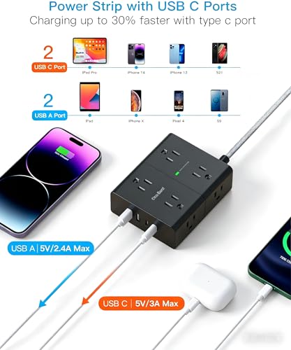 Image of 10 Ft Flat Plug Extension Cord with Multiple Outlets, One Beat Surge Protector Power Strip 10 Ft Long Cord, 8 Outlet 4 USB Ports(2 USB C), Long Extension Cord for Home Office College Dorm, Black