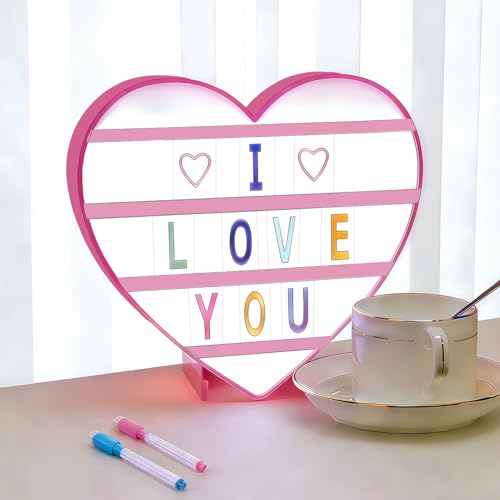 Light Box Coeur avec 96 Lettres et Emojis, 2 Marqueurs, Boite Lumineuse LED Message Ideal Decoration Chambre, Tableau Lumineux Décorative pour Anniversaire de...