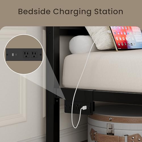 Image of LIKIMIO Twin XL Bed Frames with 2 Storage Drawers, Lights, Charging Station | Platform Twin XL Bed with Headboard and Footboard, Strong Metal Slats, No Box Spring Needed, Easy Assembly, Noise-Free, Black