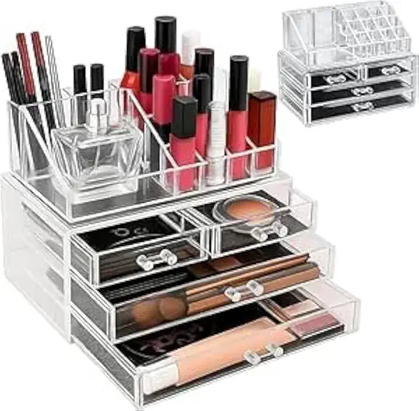 Organizador de Maquiagem Acrílico com Gavetas e Divisórias – Porta Batom, Cosméticos e Acessórios – 20 Compartimentos Transparente para Penteadeira, Banheiro e Escritório