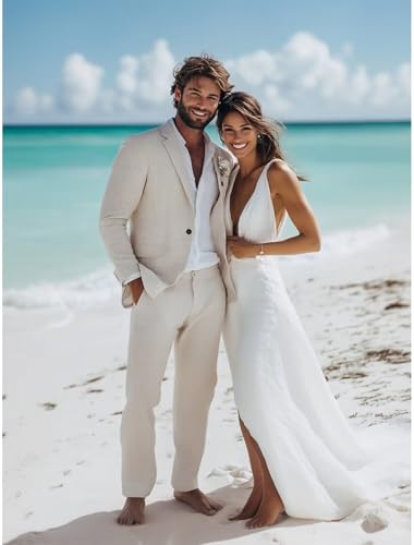 Men's Linen Suit 2 Piece Slim Fit Beach Wedding Groomsmen Suits Lightweight Two Button Casual Blazer Pant Set2