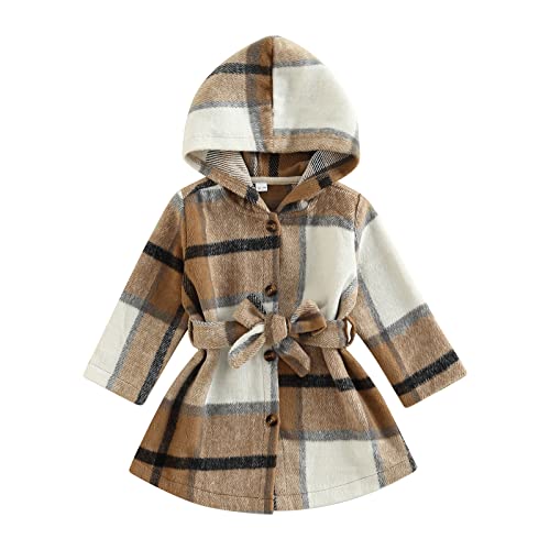 ZAXARRA Toddler Girls Flannel Plaid Jacket Long Sleeve Button Down Belted Coat Hooded Outerwear Fall Winter Clothes
