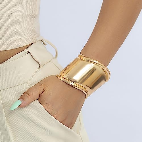ABJFJE Fashion Exaggerated Wide Grooved Brushed Cuff Hinged Bangle Bracelets Smooth Punk Statement Gold Bangles Bracelet for Women Jewelry Gift Gold2