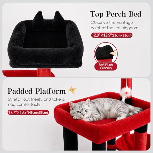 Image of Globlazer 52in Gothic Cat Tree for Indoor Cats, 2 Condos, S52, Black Red | Multi-Level Plush House, 5 Sisal Scratching Posts, 2 Padded Top Perches, Big Metal Basket, Stable Enlarged Base