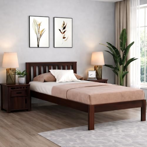 Image of KR Furniture Single Bed with Verticle Slatted Headboard | Solid Sheesham Wood Bed Frame | Strong Wooden Cot for Bedroom, Guest Room, Hostel & PG | Minimalist Bed | 6x3 Ft | Walnut Finish